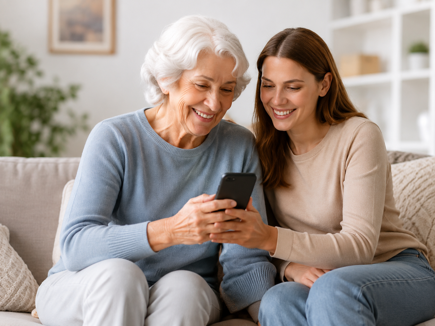 Senior woman and younger family member checking a phone together